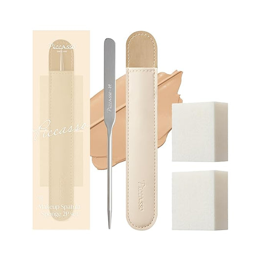 Korean Piccasso Brush Makeup Spatula + Sponge 2P Set – Professional Makeup Tools with Precision Spatula and 2 Soft Sponges, Ideal for Blending Foundation, Cream, or Liquid Makeup-Velvo Beauty