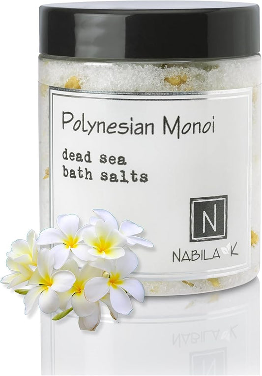 Polynesian Monoi Bath Salts by Nabila K - Dead Sea Salt & Epsom Salt Scrub & Soak - Exfoliates & Hydrates Skin, Botanical Essential Oils - Bubble Bath Accessories for All Skins Types, 8 oz-Velvo Beauty