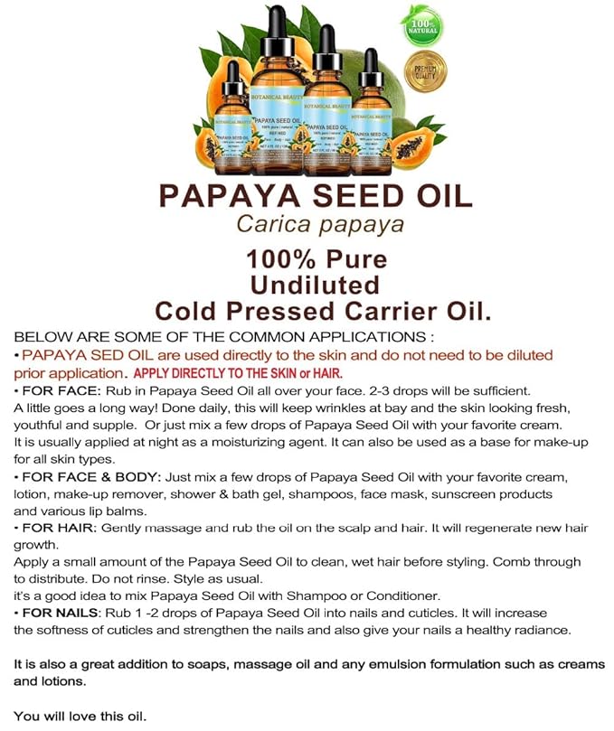 PAPAYA SEED OIL. 100% Pure / Natural / Undiluted /Refined Cold Pressed Carrier Oil. 0.5 Fl.oz.- 15 ml. For Skin, Hair And Lip Care.-Velvo Beauty