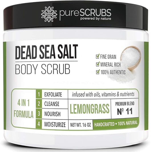 pureSCRUBS Premium Lemongrass Dead Sea Salt Body Exfoliator Scrub, Full Exfoliating Body Scrubber - Large 16oz Jar, Filled With Essential Oils, Includes Spoon, Loofah & Exfoliating Skin Soap-Velvo Beauty