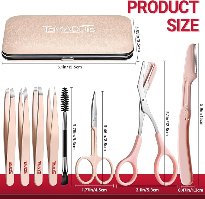 TsMADDTs Tweezers for Women Facial Hair, 8 in 1 Eyebrow Kit with Tweezers, Eyebrow Trimmer Scissors, Razor, Brush with Travel Bag, Hair Plucking Daily Beauty Tools-Velvo Beauty