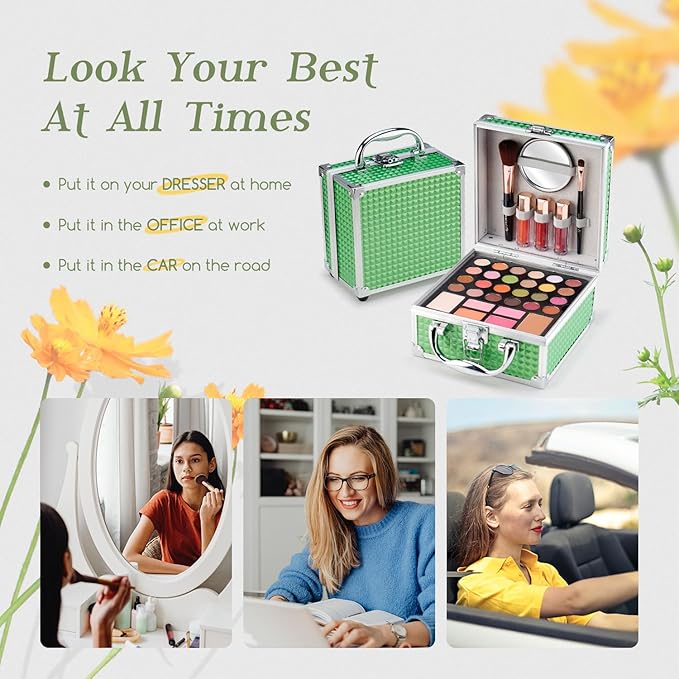 Color Nymph Beginner Makeup Kit For Teens With The Small Cosmetic Train Case Included 24-Colors Eyeshadow Palette Blushes Bronzer Highlighter Lipstick Brushes Mirror(Green)-Velvo Beauty
