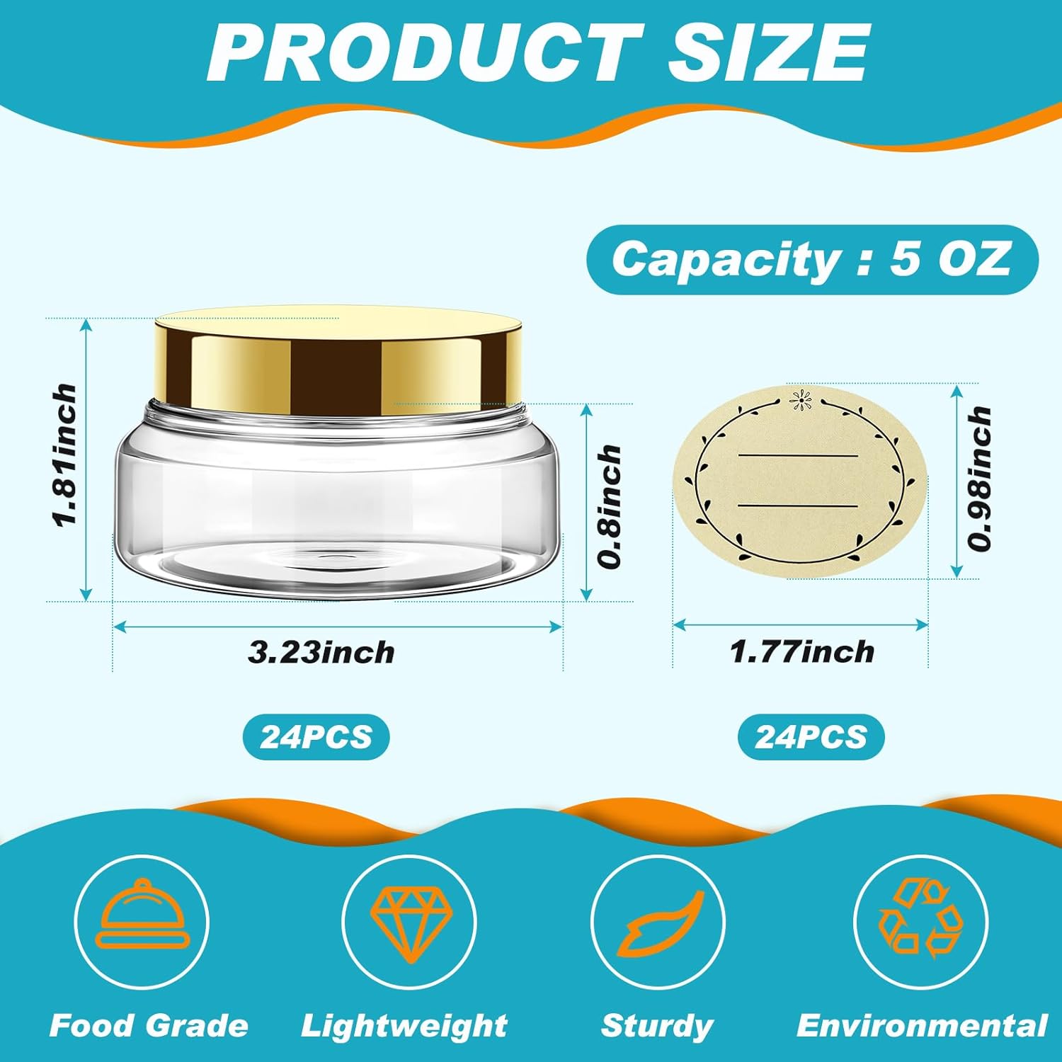 Tessco 24 Pack Plastic Jars with Lids Labels Empty Clear Plastic Jars Round Refillable Cosmetic Containers Body Butter Containers Bulk Sugar Scrub Bottle for Make Up(5 oz,Gold)-Velvo Beauty