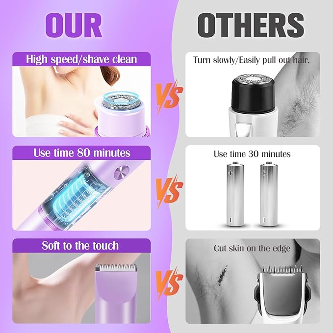 Bikini Trimmer for Women Electric Razors for Women Women's Electric Razor 2 in 1 Shaver Pubic Hair Trimmer Ipx7 Waterproof Wet Dry Use Bikini Shaver for Ladies Pubic, Legs, Face, Underarms (Purple)-Velvo Beauty