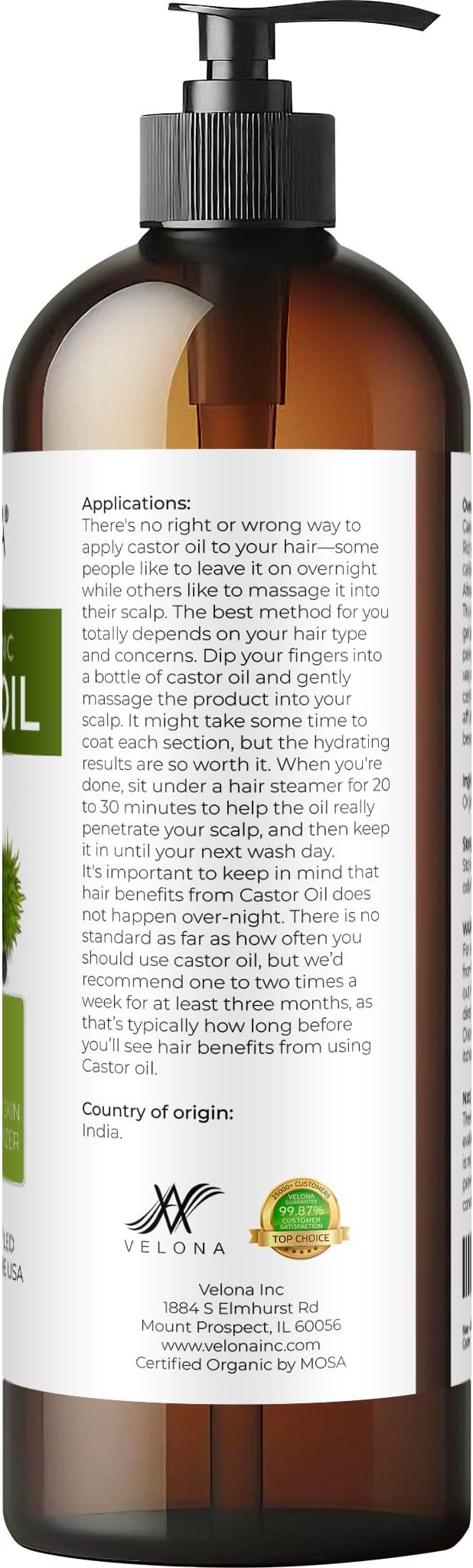 velona USDA Certified Organic Castor Oil - 16 fl oz (With Pump) | For Hair Growth, Boost Eyelashes, Eyebrows | Cold pressed, Natural Oil, USP Grade | Hexane Free, Lash Serum, Caster-Velvo Beauty