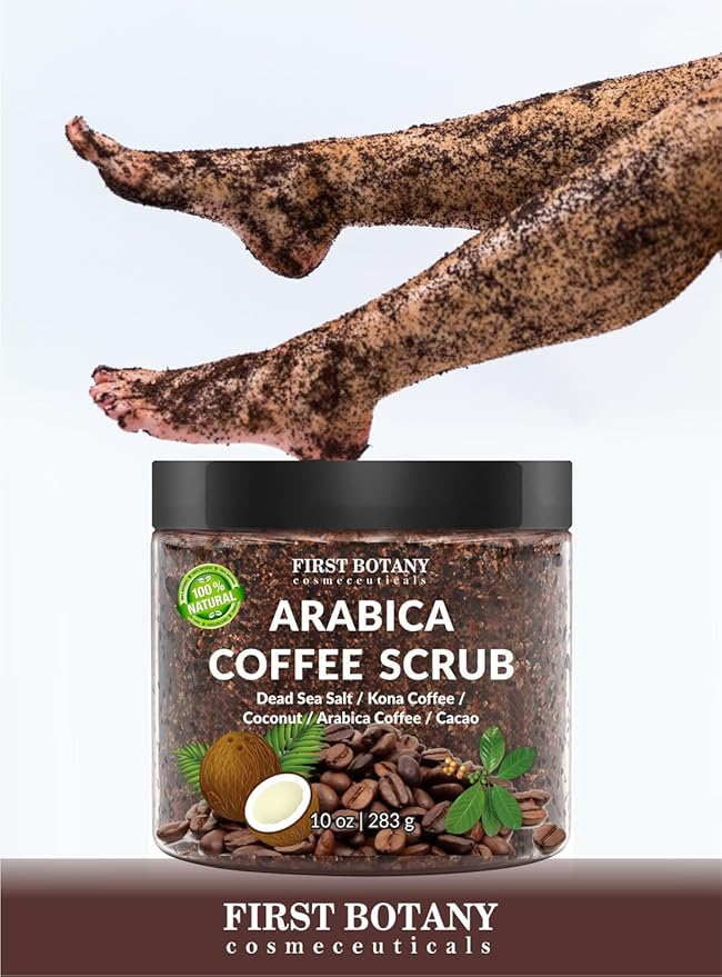First Botany Cosmeceuticals, 100% Natural Arabica Coffee Scrub with Organic Coffee Coconut & Shea Butter Acne Anti Cellulite & Stretch Mark treatment Spider Vein Therapy, Varicose Veins Eczema, 10 oz-Velvo Beauty