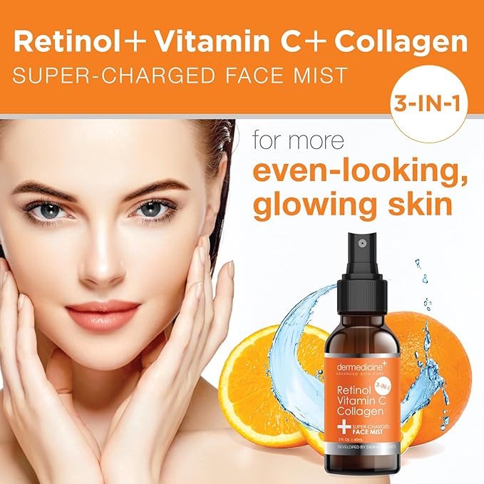 3 in 1 Super-Charged Anti-Aging Face Mist w/Retinol, Vitamin C + Collagen | Hydrates, Refreshes & Brightens for a More Glowing Complexion | 2 fl oz, 60 ml-Velvo Beauty