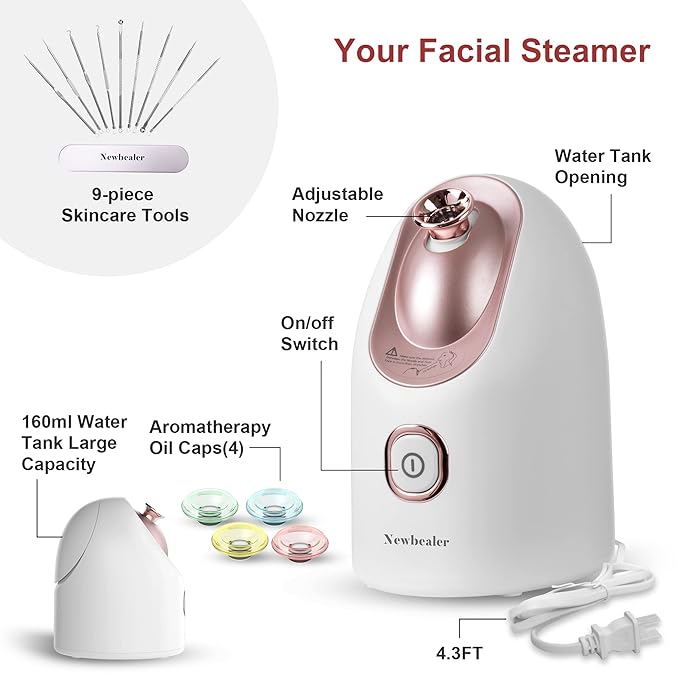 Newbealer Facial Steamer, Mini Aroma Face Steamer, Nano Ionic Hot Mist Face Humidifier for Facial Deep Cleaning, Home Sauna Spa Sprayer with 9 Pieces Acne Remover Kit (White-Gold, 160 ML)-Velvo Beauty