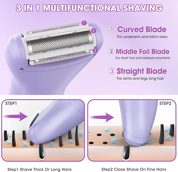 Bikini Trimmer Electric Razors for Women,3 in 1 Body Hair Removal Kit for Face,Pubic,Arm, Leg, Armpit, Bikini Trimmer,Painless IPX6 Waterproof Rechargeable Portable Lady Shavers Wet & Dry Gifts-Velvo Beauty