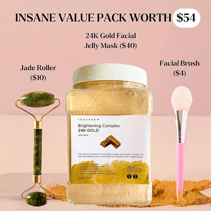 VogueNow Jelly Face Mask for Facials - 24K Gold Hydrating, Brightening & Nourishing Jelly Mask with Free Jade Roller & Spatula | Professional Hydrojelly Masks | Vajacial Jelly Mask Powder | 23 Oz Jar-Velvo Beauty
