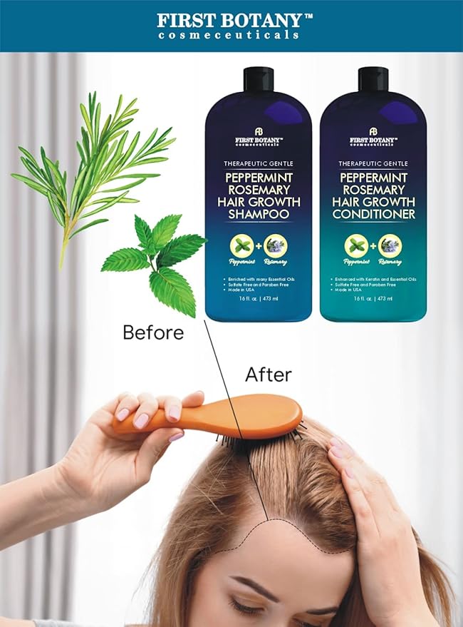 First Botany, Peppermint Rosemary Hair Regrowth and Anti Hair Loss Shampoo and Conditioner Set - Daily Hydrating, Detoxifying, Volumizing Shampoo and Fights Dandruff For Men and Women 16 fl oz x 2-Velvo Beauty