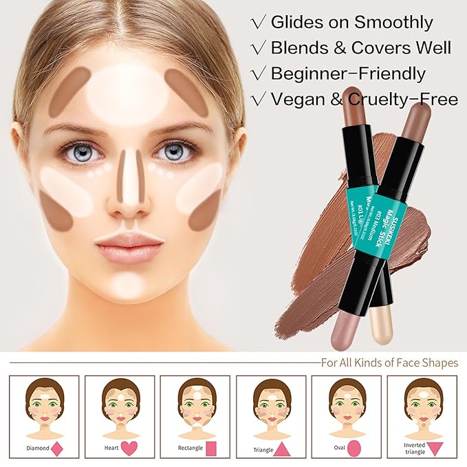 Contour Stick, 2Pcs Dual-Ended Highlighter Makeup Pen & Contouring Stick for Face Shaping, Long Lasting Waterproof Cream Bronzer & Highlight Sticks Make Up Kit for All Skin Tones(01# + 03#)-Velvo Beauty