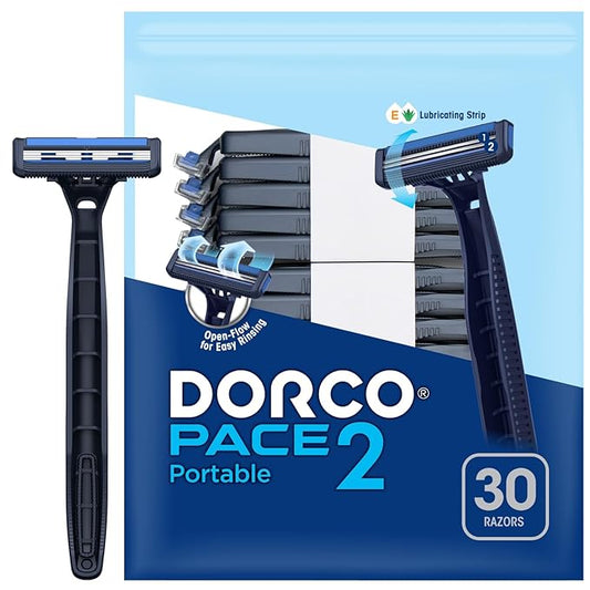 Dorco Pace 2 Plus Disposable Razor 2 blades Pivoting Head Open-Flow No Clogging Easy Rinsing Lubricating Strip Long Non-Slip Rubber Handle (30ct No Rubber Handle)-Velvo Beauty