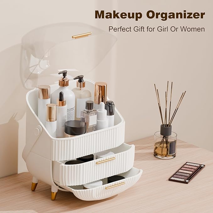 Makeup Organizers and Storage, Make up Organizer for Vanity Cosmetics Skincare Organizers With Lid and Drawers Display Cases for Countertop(White)-Velvo Beauty