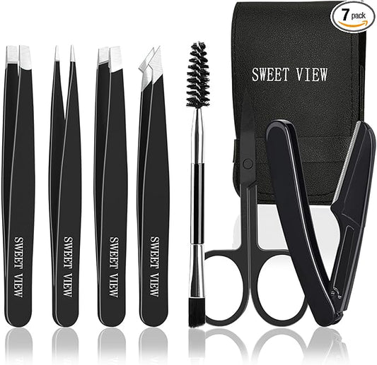 7pcs Eyebrow Tweezers Kit for Women Precision Plucker with Brow Scissors & Razor & Spoolie for Facial, Chin, Brow, Splinter and Ingrown Hair-Velvo Beauty