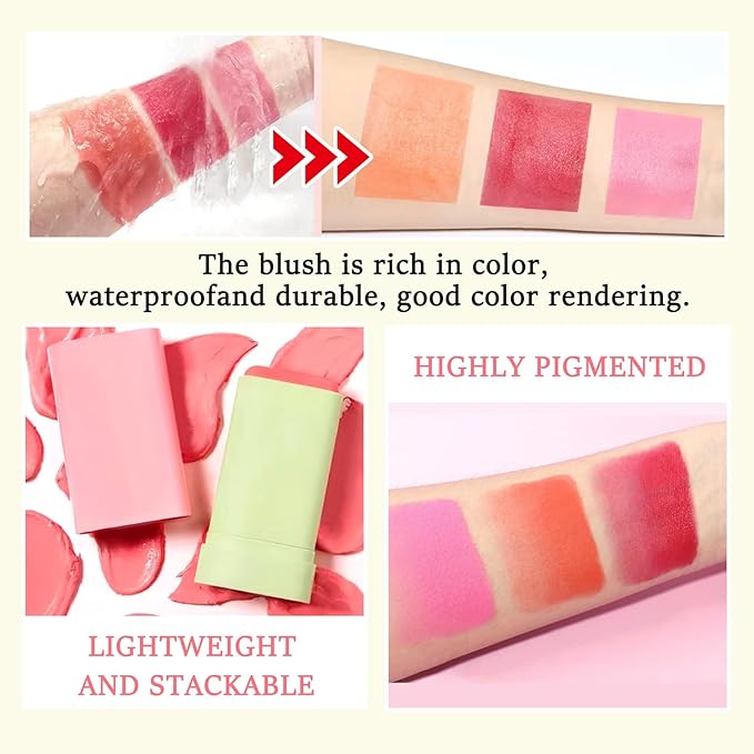 3 Colors Blush Stick,Multi-Use Cream Blush,Waterproofing Highly Pigmented Makeup Stick,Moisturizing Makeup Cream Set with Blender Sponge-Velvo Beauty