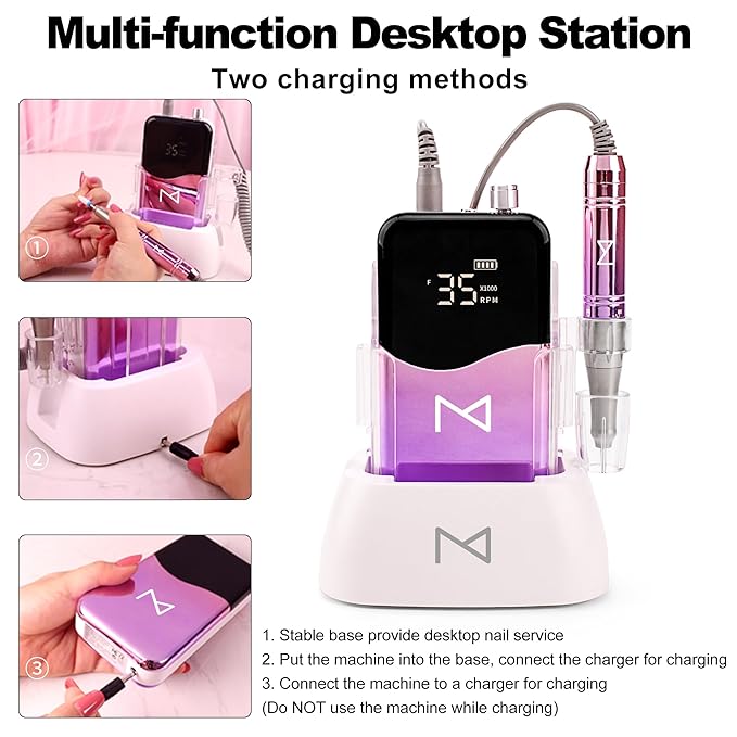 M Mase- Professional Nail Drill Machine - Coreless 2-in-1 Nail File - Electric, Cordless, 35000 RPM, HD Display - Electric Nail Drill for Professional & Home Use (Pink Gold)-Velvo Beauty