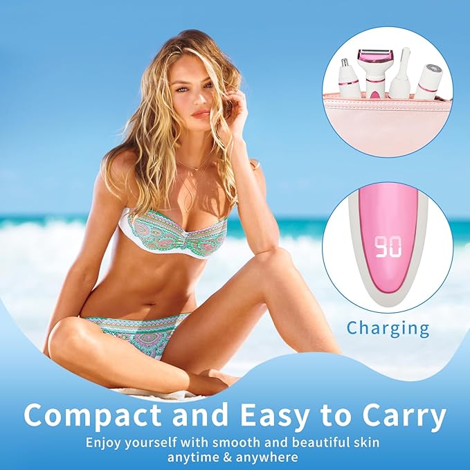 Electric Razor for Women Men,4 in 1 Painless Ladies Wet & Dry Body Razors and Facial Hair Remover,Rechargeable Led Display Hair Removal Kit for Nose Face Body Leg Bikini Arm Hair (Pink)-Velvo Beauty