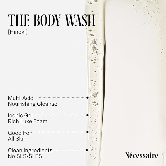 Nécessaire The Body Wash Hinoki - Natural Body Wash for Women & Men, Softening Shower Gel with Gentle Exfoliating Acids AHA/BHA/PHA. Gel Cleanse, 8.4 fl oz.-Velvo Beauty