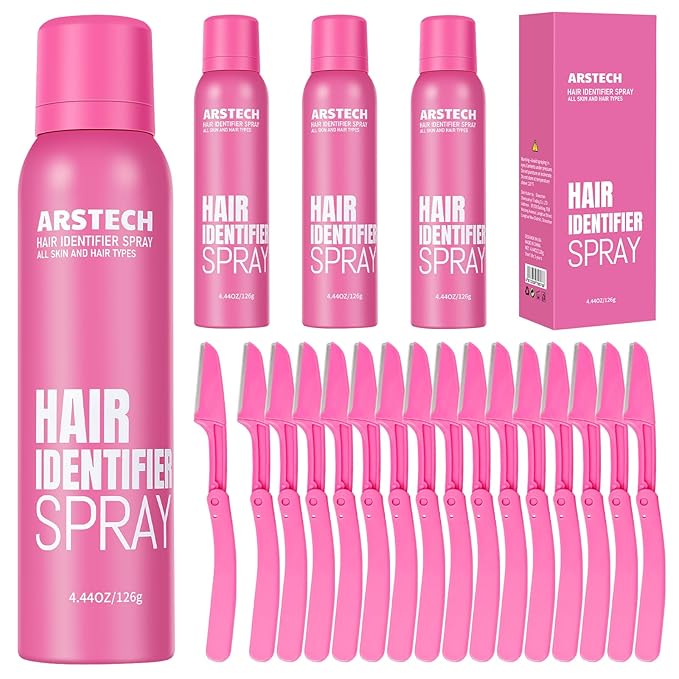 Hair Identifier Spray for Face Shaving Dermaplaning Tool 4 Pack Skin Body Dermaplaning Spray for Women with 16 Face Razor for Face Shaver Hair Removal Kit Excess Hair Dermaplane Razor for Women Face-Velvo Beauty