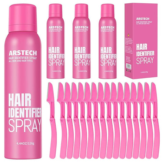 Hair Identifier Spray for Face Shaving Dermaplaning Tool 4 Pack Skin Body Dermaplaning Spray for Women with 16 Face Razor for Face Shaver Hair Removal Kit Excess Hair Dermaplane Razor for Women Face-Velvo Beauty