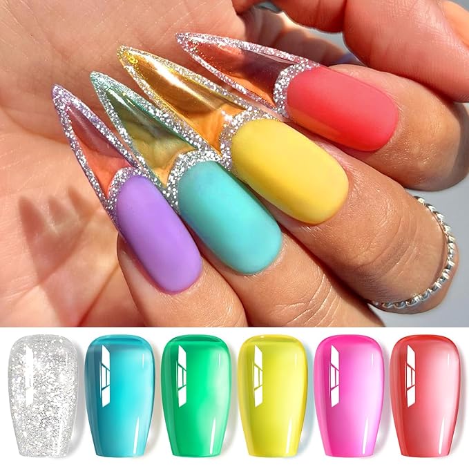 Born Pretty Jelly Gel Nail Polish Set Spring Summer Crystal Glass Translucent Pastel Sheer Gel Polish Pink Green Blue Red Yellow Silver Shiny Glitter Gel Nail Polish Nail Art Gel DIY Gift 6PCS-Velvo Beauty