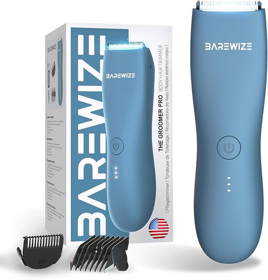 Body Hair & Pubic Hair Trimmer for Men & Women, Painless Electric Body & Bikini Shaver | Waterproof, Type-C Rechargeable, LED Light, Replaceable Blade, Manscape Personal Groomer (Denim Blue)-Velvo Beauty