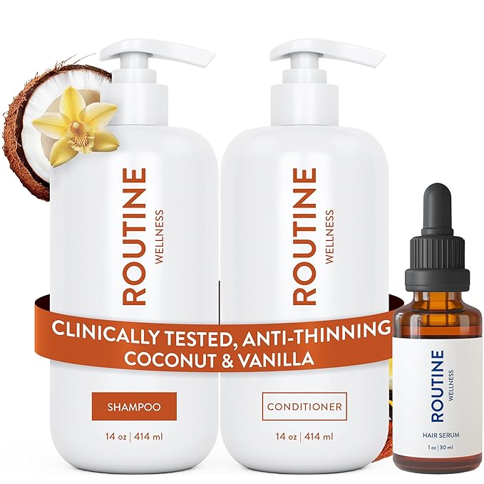 Routine Wellness Shampoo and Conditioner Set and Hair Serum for Thinning Hair - DHT Blocker Women & Men - Color Safe Shampoo for Hair Loss & Healthier Hair - Coconut & Vanilla Set + Serum-Velvo Beauty