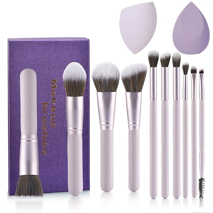 Gift Ready 10 Piece Purple Makeup Brushes Set and 2 Piece Makeup Sponge – Wooden Handle with Soft Synthetic Bristles, Concealer, Powder – (Ideal for Christmas, Birthday, Women)-Velvo Beauty