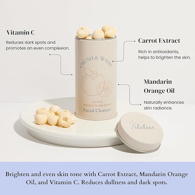 3-in-1 Solid Facial Cleanser, Exfoliator, and Wash-off Mask - Vegan, Cruelty-Free, Plastic-Free, Travel-Friendly, 1 Month Supply (60 Crushable Tablets) in Tin (Brightening Beans in Tin)-Velvo Beauty