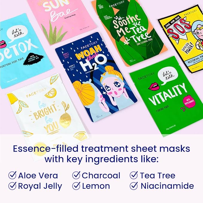 FACETORY K Beauty Face Mask Skin Care - BEST OF 7 COLLECTION Sheet Mask Set (14 pc) | Natural Premium Korean Face Mask For All Skin Types - No Sulfates No Parabens-Velvo Beauty