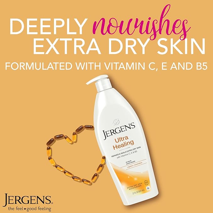 Jergens Ultra Healing Dry Skin Lotion, Hand and Body Moisturizer for Quick Absorption into Extra Dry Skin with Hydralucence Blend, Vitamins C, E and B5, White, 21 oz, Pack of 3-Velvo Beauty