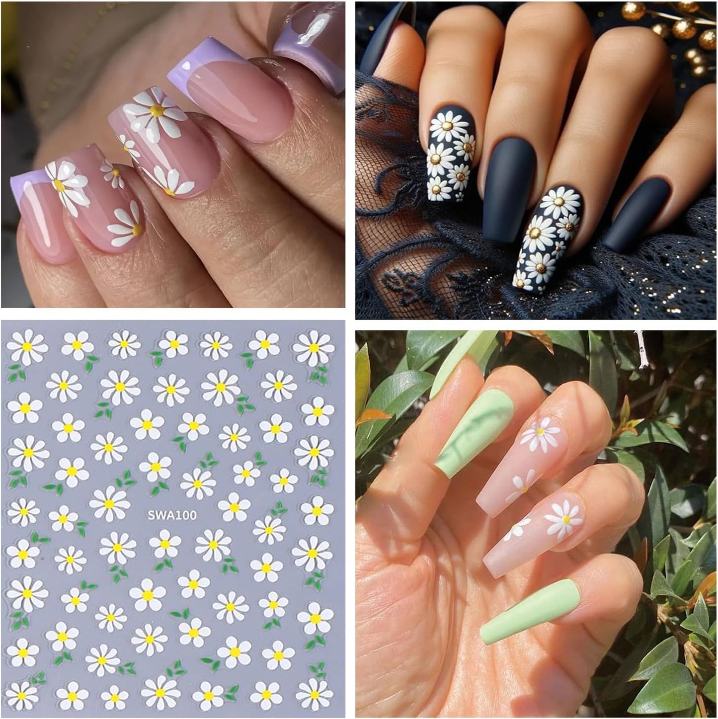 6 Sheets Flower Nail Art Stickers Daisy Nail Art Decals 3D Self-Adhesive Spring Nails Sticker Holographic Pink Blue White Blossom Nails Decal Decoration for Women Floral Manicure Supplies-Velvo Beauty