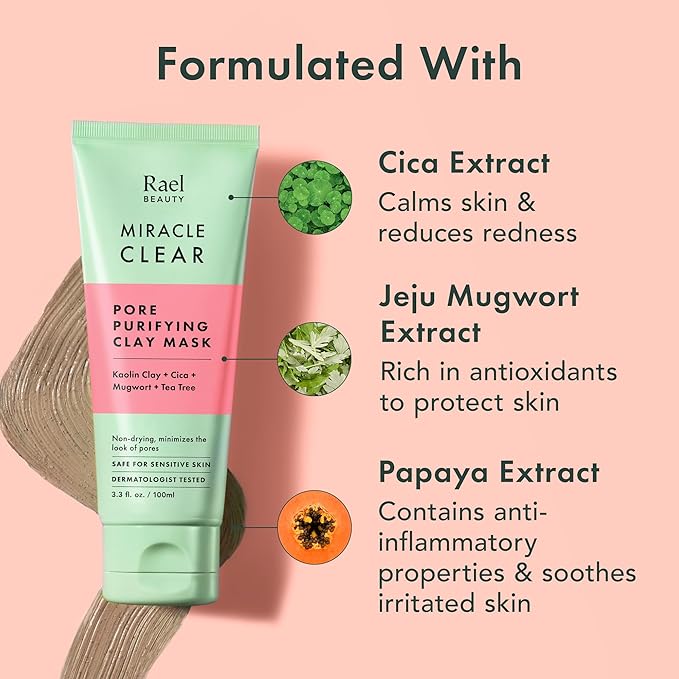 Rael Blackhead Remover, Miracle Clear Clay Mask, Exfoliating Face Wash, Pore Minimizer, Gentle and Hydrating, with Tea Tree, Vegan, Korean Skin Care (3.3 fl oz)-Velvo Beauty