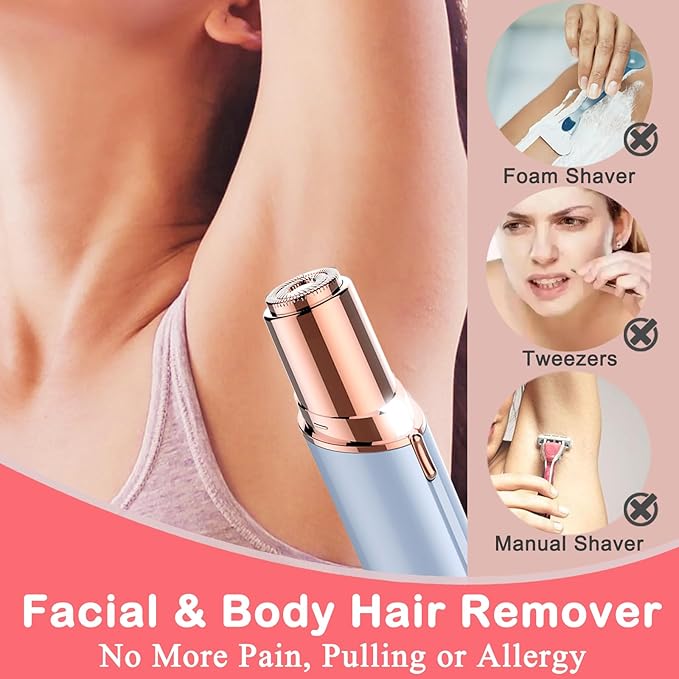 Facial Hair Removal for Women, Mini Hair Remover, Electric Razor Shaver Portable Bikini Epilator for Lips, Chin, Armpit, Peach Fuzz, Fingers, Neck, Cheek and USB Rechargeable (Blue)-Velvo Beauty