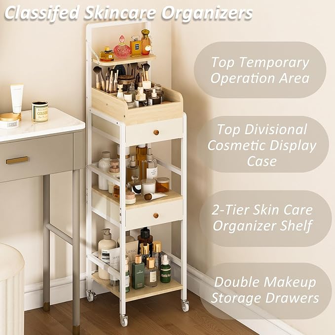 Wisdom Star Makeup Organizer Cart with 2 Drawers, Floor Skincare Organizers, Makeup Storage, Vanity Organizer, Cosmetics Display, Versatile Skin care Perfume Nail Polish Storage Rack for Bathroom-Velvo Beauty