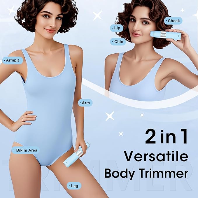 Dual Head Electric Shaver Bikini Trimmer for Women, IPX4 Waterproof Wet & Dry Use Body Trimmer for Face Lip Chin Pubic Underarm Legs, 80Mins Runtime, Travel-Friendly, Ideal Gift for Women-Velvo Beauty