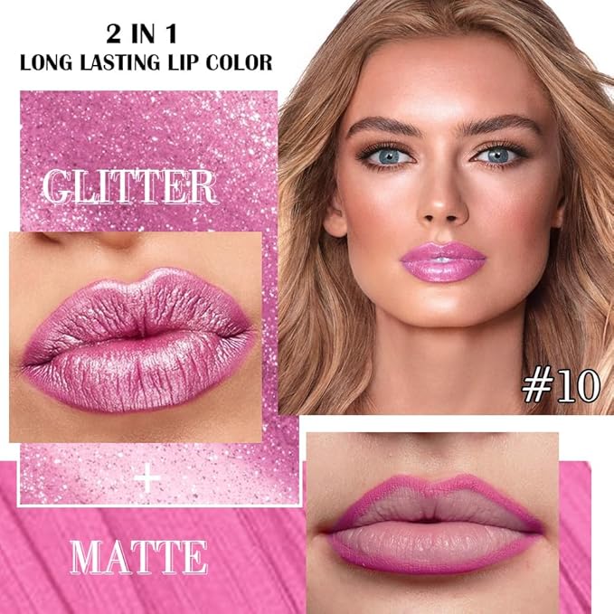 evpct Light Rose Pink Metallic Glitter Lip Liner and Lipstick Combo Lip Gloss Stain Set Makeup for Women Long Lasting Waterproof 24, Pink Metallic Shimmer Frosted Iridescent Shiny Liquid Lipstick 10-Velvo Beauty