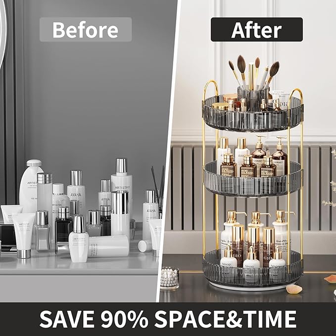 360° Rotating Makeup Organizer, Large-Capacity Skincare Make Up Storage 3 Tier Perfume Organizers Cosmetic Dresser Organizer with Makeup Brush Holder, Fits Bedroom, Bathroom, Vanity Shelf Countertop-Velvo Beauty