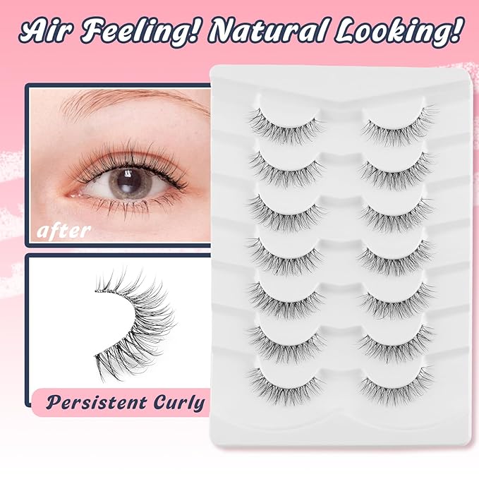Natural Lashes False Eyelashes 12 MM Short Lashes WIspy 3D Volume Fake Eyelashes Pack C Curl Soft Eye Lash with Thin Cotton Band 7 Pair False Lashes Siligli-Velvo Beauty