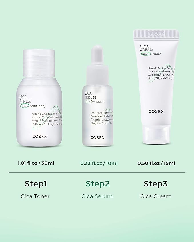 COSRX CICA Relief Kit | Toner, Serum, Cream with Centella Asiatica | Sensitive Skin, Soothing, Moisturizing | Travel Size Set, Gift Set, Korean Skincare, Not Tested on Animals, Paraben Free-Velvo Beauty