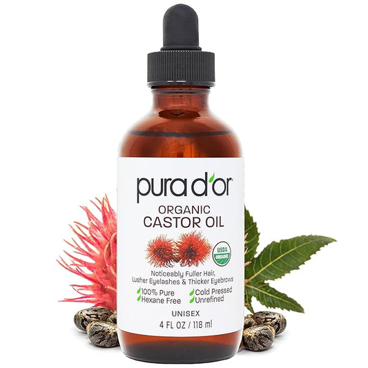 PURA D'OR 4 Oz ORGANIC Castor Oil - 100% Pure USDA Certified Cold Pressed, Hexane Free Eyelash & Eyebrow Serum - For Fuller, Thicker Lashes & Brows - Skin & Hair-Velvo Beauty