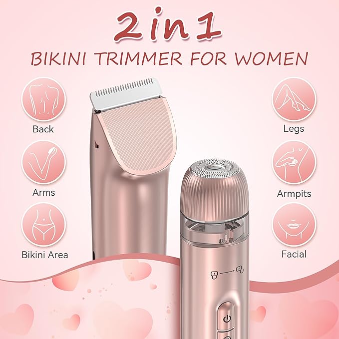 Bikini Trimmer for Women - 2 in 1 Electric Body Hair Trimmer for Silky Skin, Cordless Body Shaver for Travel, IPX7 Waterproof & Easy to Clean, Replaceable Ceramic Blade Heads, Rose Gold-Velvo Beauty