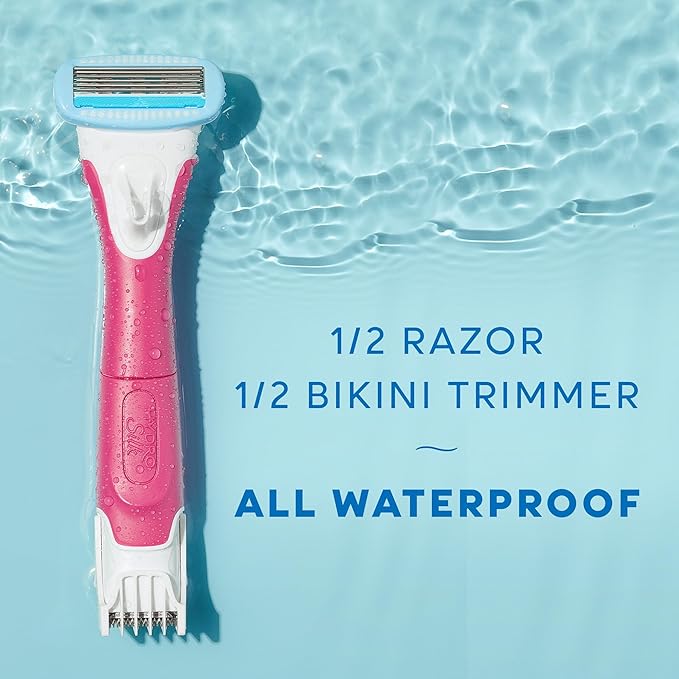 Schick Hydro Silk TrimStyle Razor with Bikini Trimmer for Women | 2-in-1 Bikini Razor for Women and Womens Trimmer for Pubic Hair, Includes 1 Waterproof Handle, 3 Refills & 1 AAA Battery-Velvo Beauty