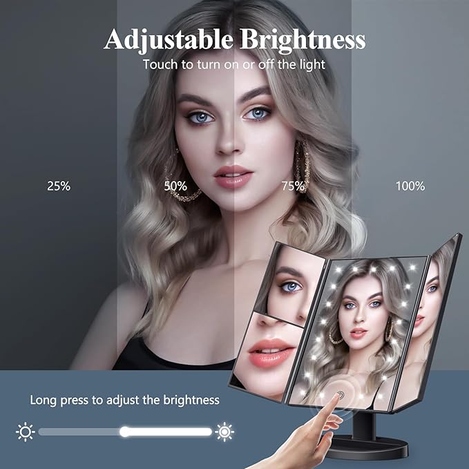 HUONUL Makeup Mirror Vanity with Lights, 2X 3X 10X Magnification, Lighted Mirror, Touch Control, Trifold Dual Power Supply, Portable LED Women Gift (Black)-Velvo Beauty