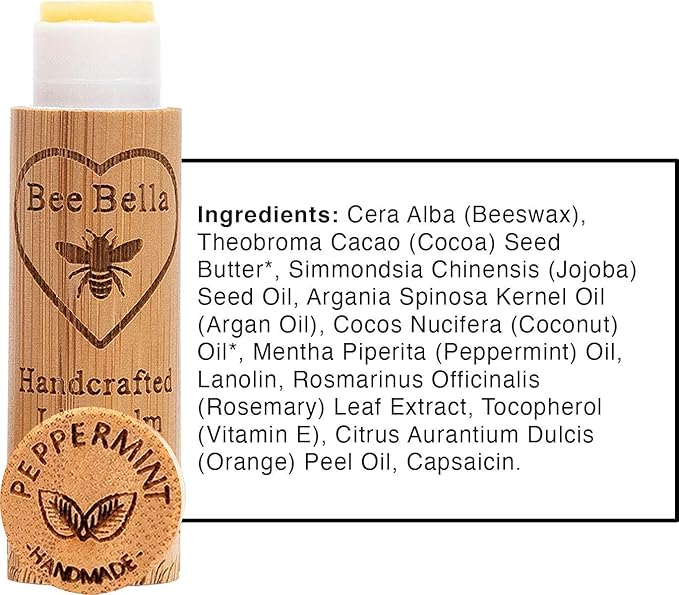 Bee Bella Lip Balm, Peppermint, 3 Pack - Hydrating, Moisturizing Lip Care, 100% Natural, Original Organic Beeswax with Vitamin E, Handmade in USA-Velvo Beauty