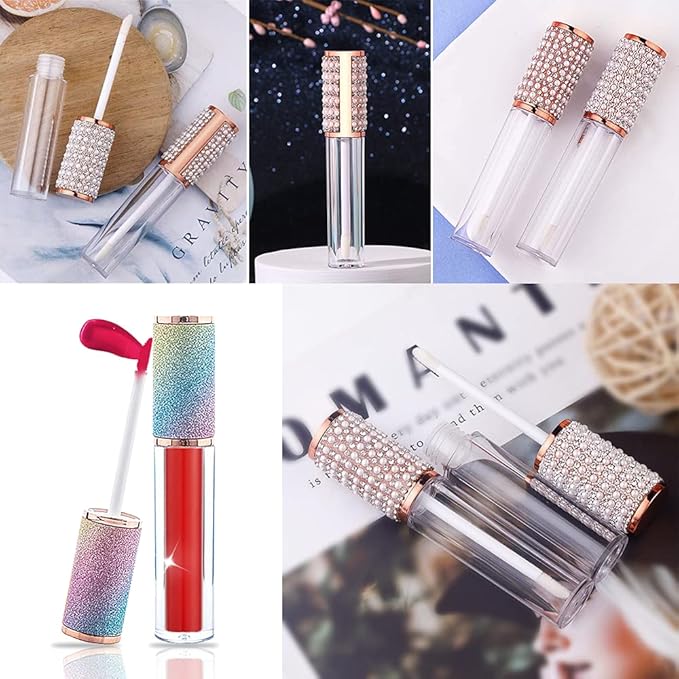 AMORIX 24 Pack Crystal Rhinestone Lip Gloss Tubes with Wand 5ml Empty Lip Gloss Containers Lipgloss Bottles with Stoppers 2pcs Syringes + Labels for DIY Lip Gloss Balm-Velvo Beauty