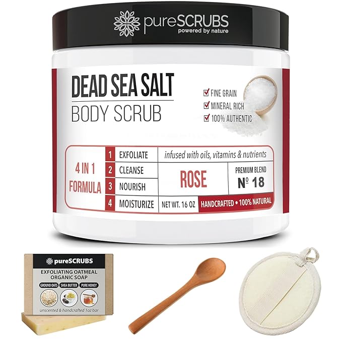pureSCRUBS Premium Rose Body Scrub Set - Large 16oz Dead Sea Salt Body Scrub With Infused Essential Oils & Nutrients, Includes Wooden Spoon, Loofah & Oatmeal Exfoliating Bar Soap-Velvo Beauty
