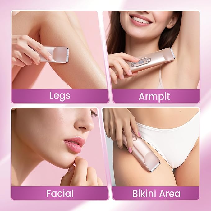 Bikini Trimmer for Women,3 in 1 Electric Razor with Ceramic Blades, IPX7 Waterproof, USB Rechargeable, Painless Hair Removal for Face,Body,Bikini Area, Travel Grooming Kit (Rose Gold)-Velvo Beauty