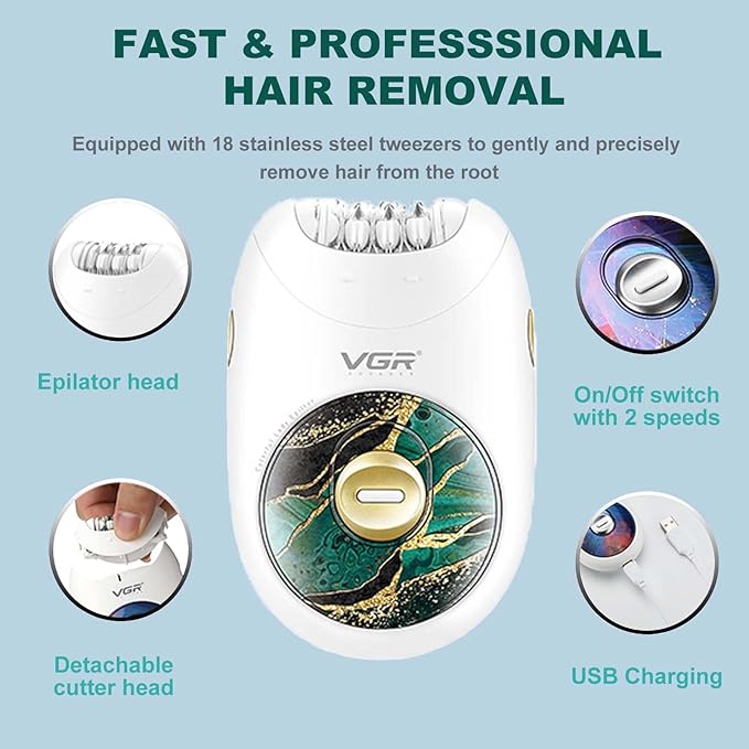 VGR 706 Professional Epilator for Women,Portable Cordless Smooth Glide Hair Removal Device for Legs, Underarm, Back,Full-Body Epilator with 18 Tweezers System, 2 Speeds Hair Removal with Silent Design-Velvo Beauty